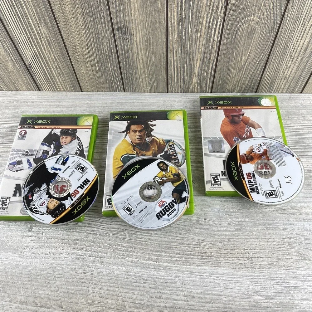 Lot of 3 Original Xbox Games Sports NHL 06, Rugby 2005 & MVP NCAA Baseball 06